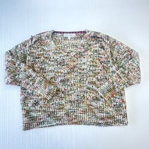 Chelsea & Theodore Knit Sweater Multicolor V Neck FIsherman Crochet Size M Fall